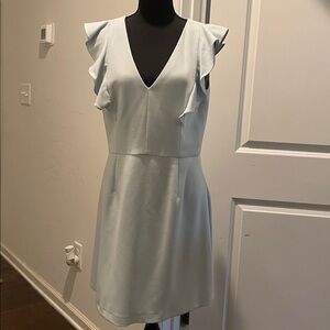 French Connection Whisper Ruffled V-Neck Mini Dress Size 10 Light Blue Wedding